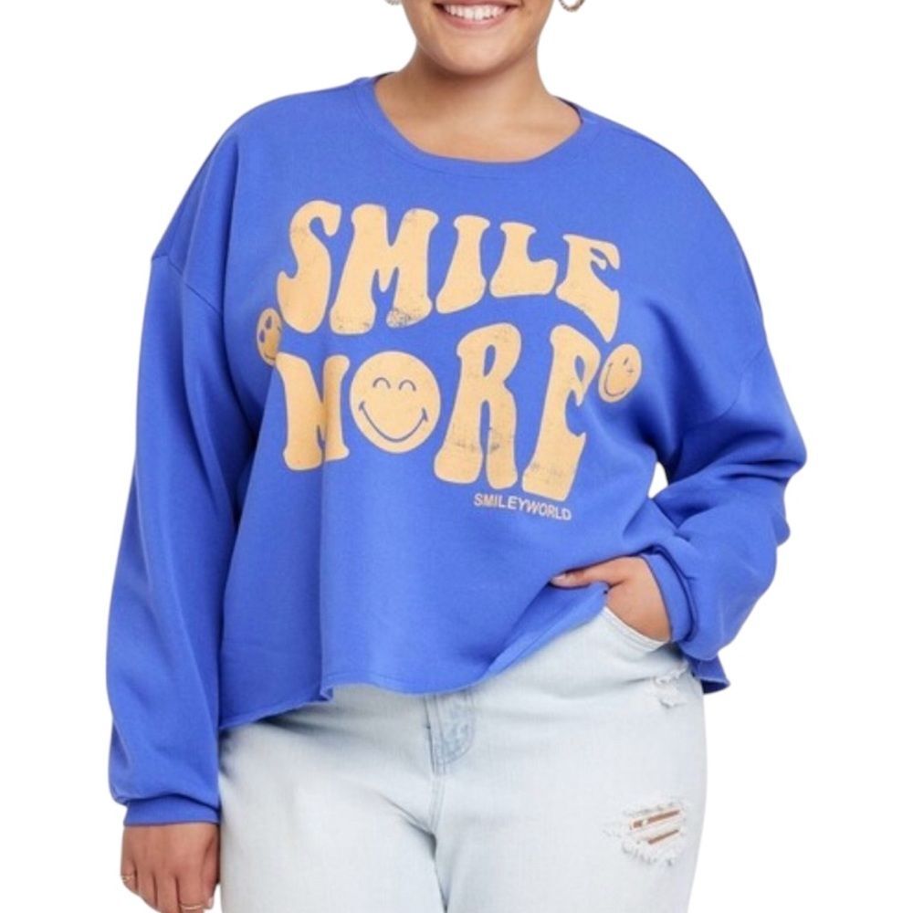 SmileyWorld “Smile More” Graphic Sweatshirt in Blue | Size S